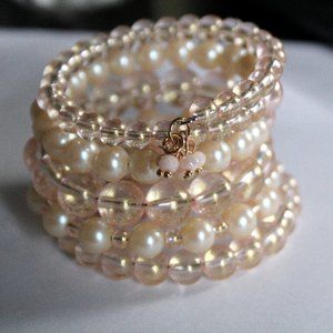 Pale Champaign Pink Pearl Beaded Memory Wire Wrist Wrap Cuff Bracelet